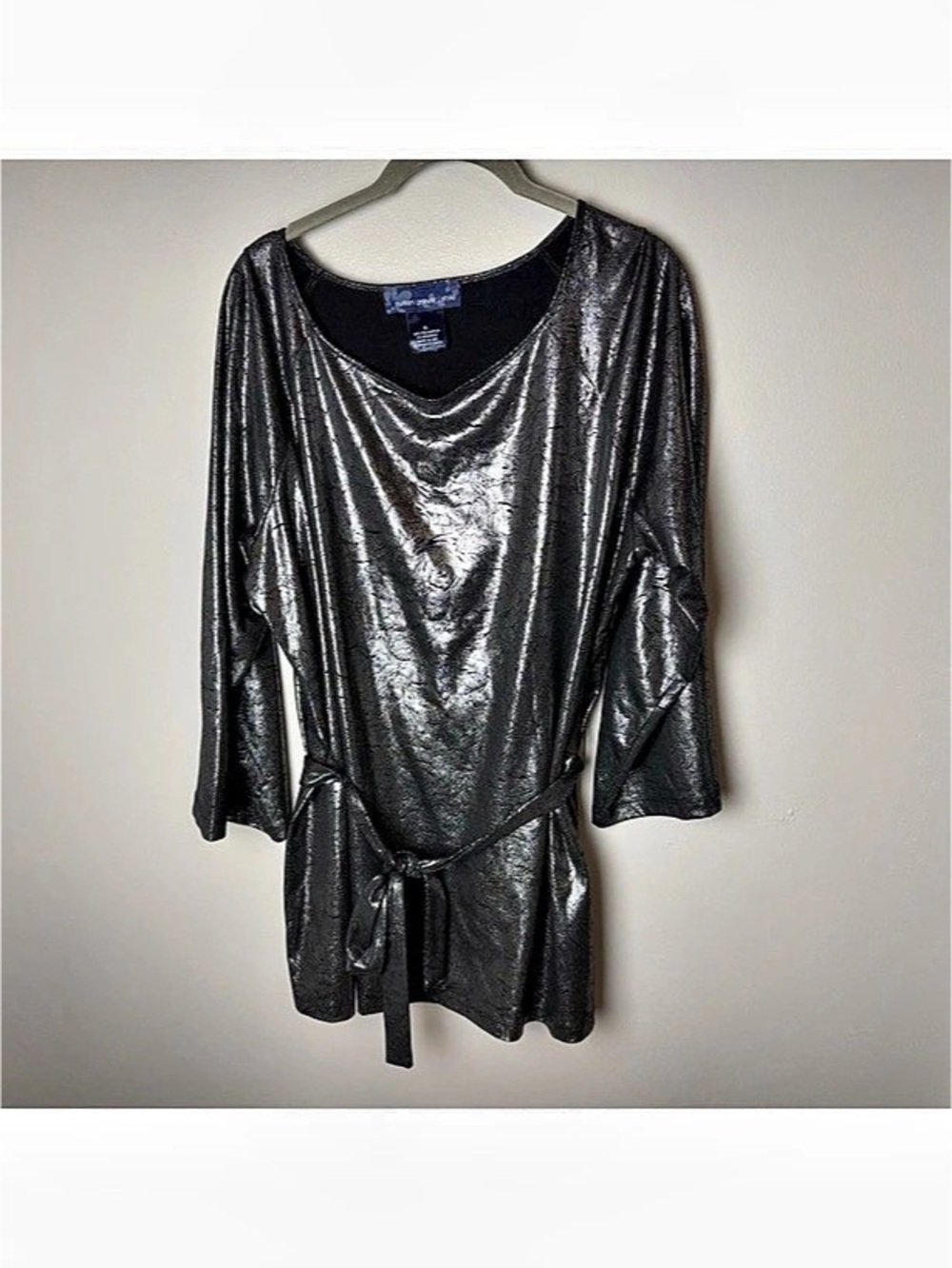 Susan Graver Metallic Tunic Top Size XL Silver Black Cowl Neck Belted 3/4 Sleev